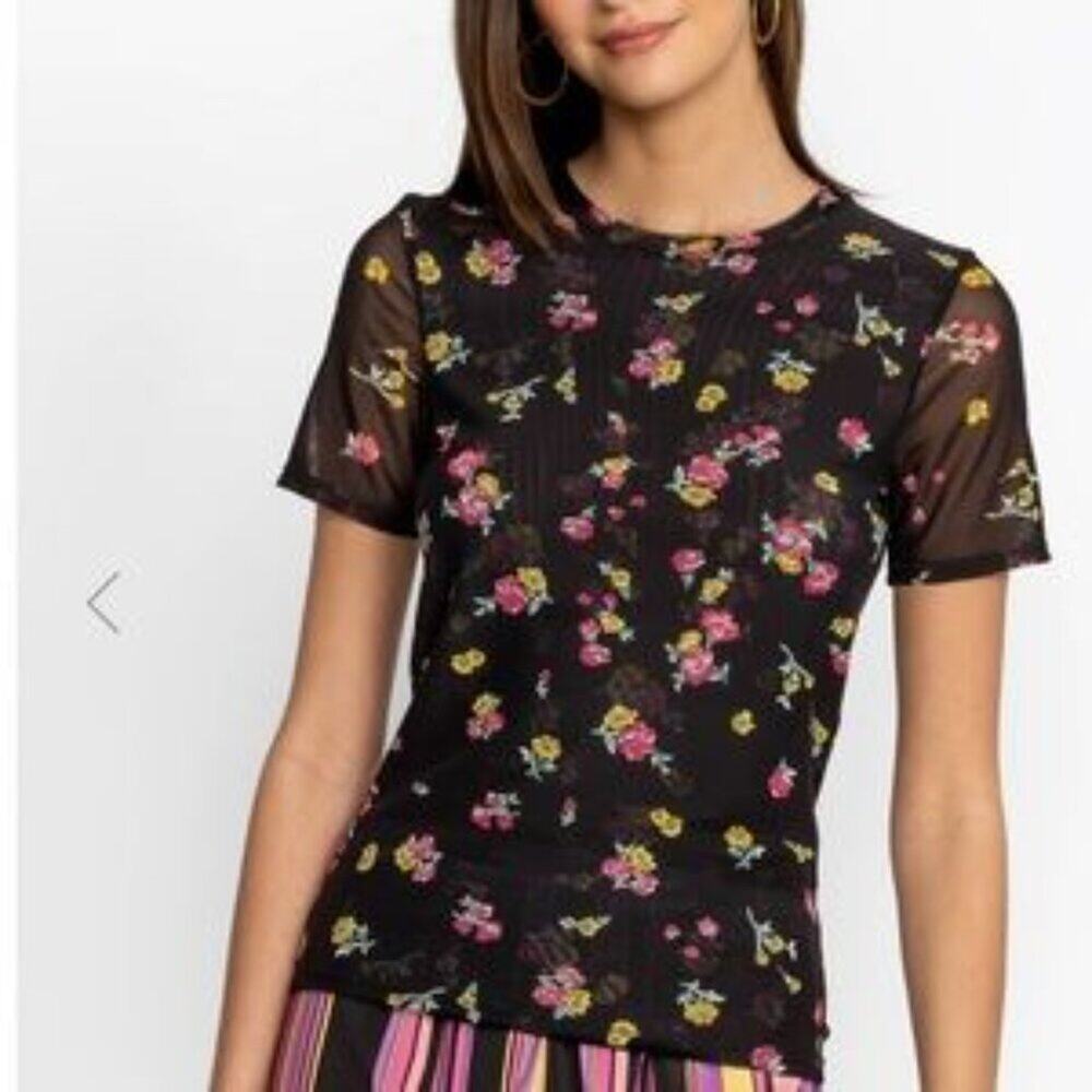 Johnny Was Samantha Mesh Black Floral Short Sleeve Crew Neck Top Size XS